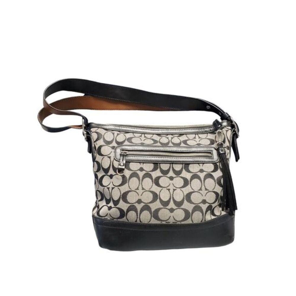 Coach Signature Shoulder Bag Womens Black Gray Jacquard Leather Nickel Hardware